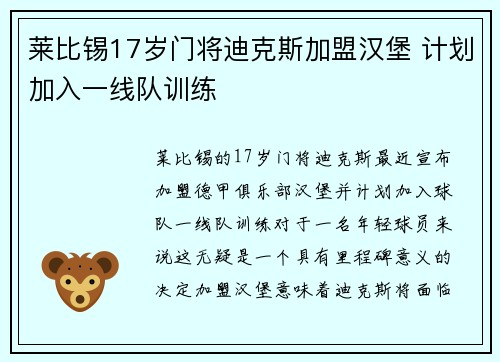 莱比锡17岁门将迪克斯加盟汉堡 计划加入一线队训练