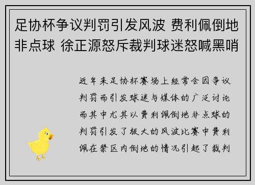 足协杯争议判罚引发风波 费利佩倒地非点球 徐正源怒斥裁判球迷怒喊黑哨
